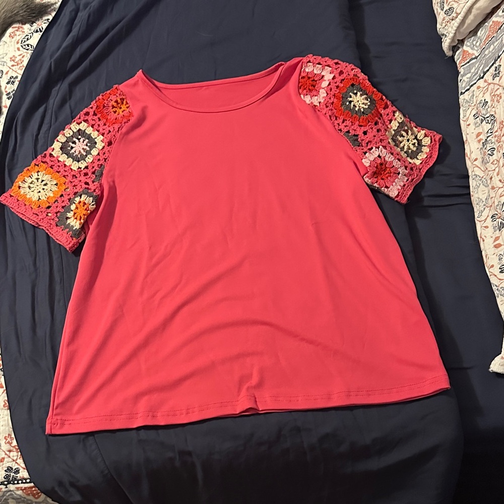 Women's Pink Crochet Sleeve Top